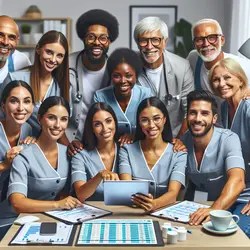 Home care team gathered around a laptop or tablet using home care agency software, happy and organized. Alt text: ‘Home care agency team using home care agency software for scheduling and billing, looking happy and organized