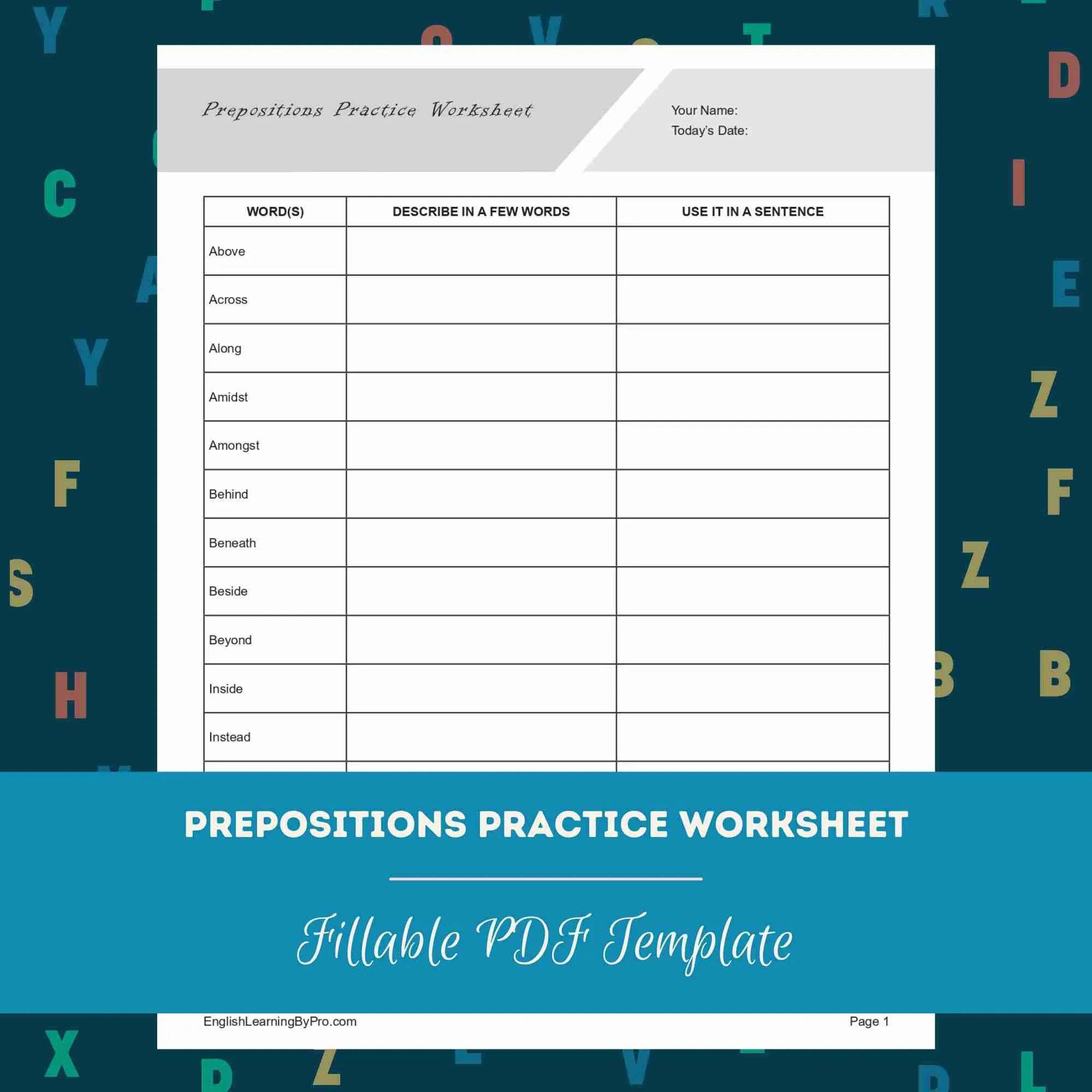 Prepositions practice worksheet (editable, fillable, printable pdf