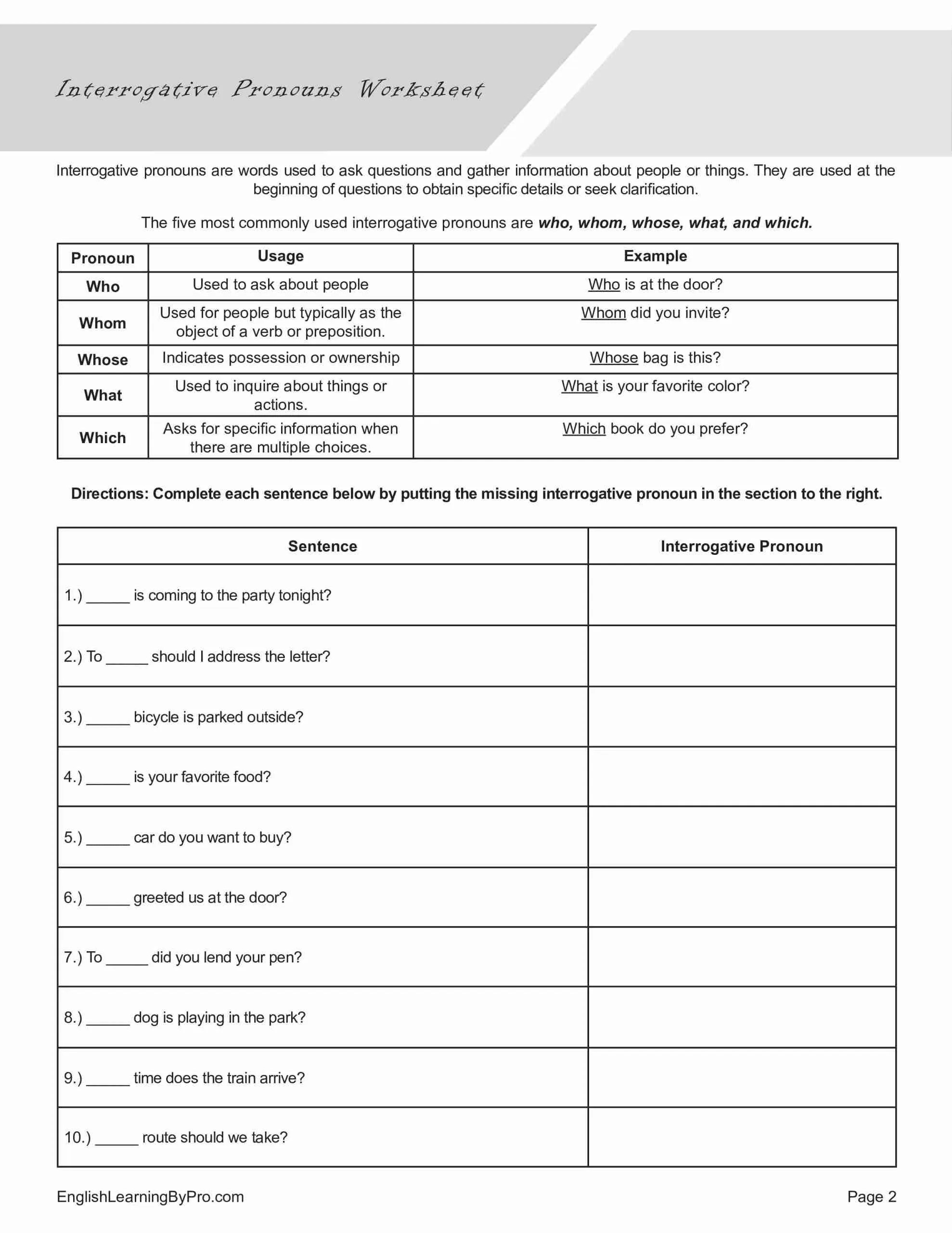 Interrogative pronouns worksheet (editable, fillable, printable pdf)