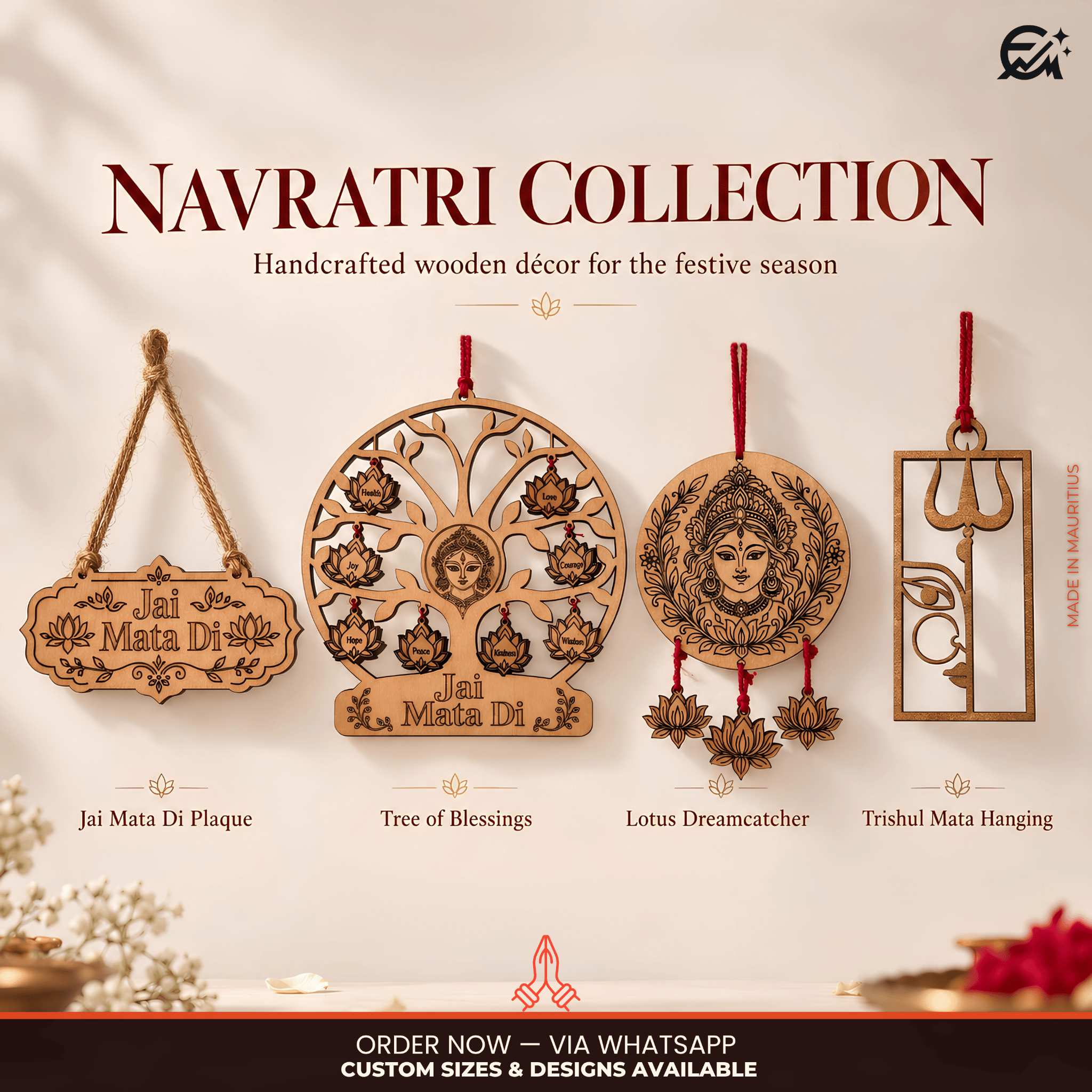Engravia Navratri Collection featuring four handcrafted wooden devotional hanging designs