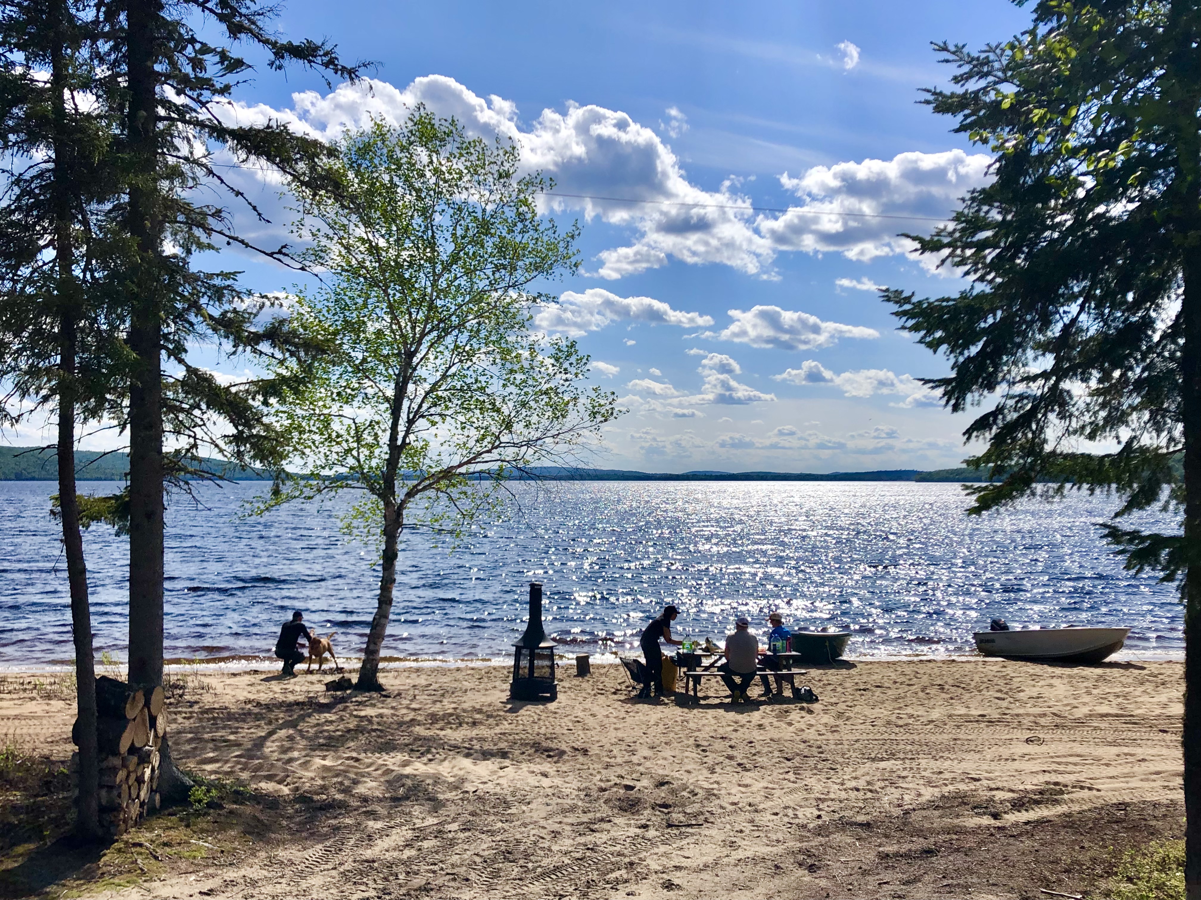 Plage devant le chalet avec feu, table de picnic et chaloupes avec moteurs.