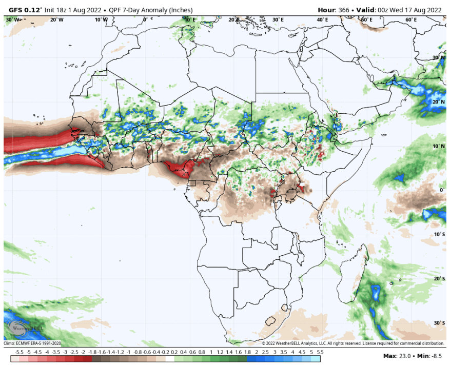 Forecast rainfall anomalies over Africa August 10-17