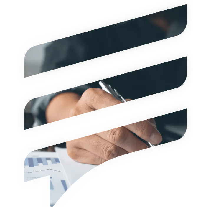 Close-up of a hand holding a pen over financial charts, framed within the Enriched Advice logo, representing financial planning and consultation services.