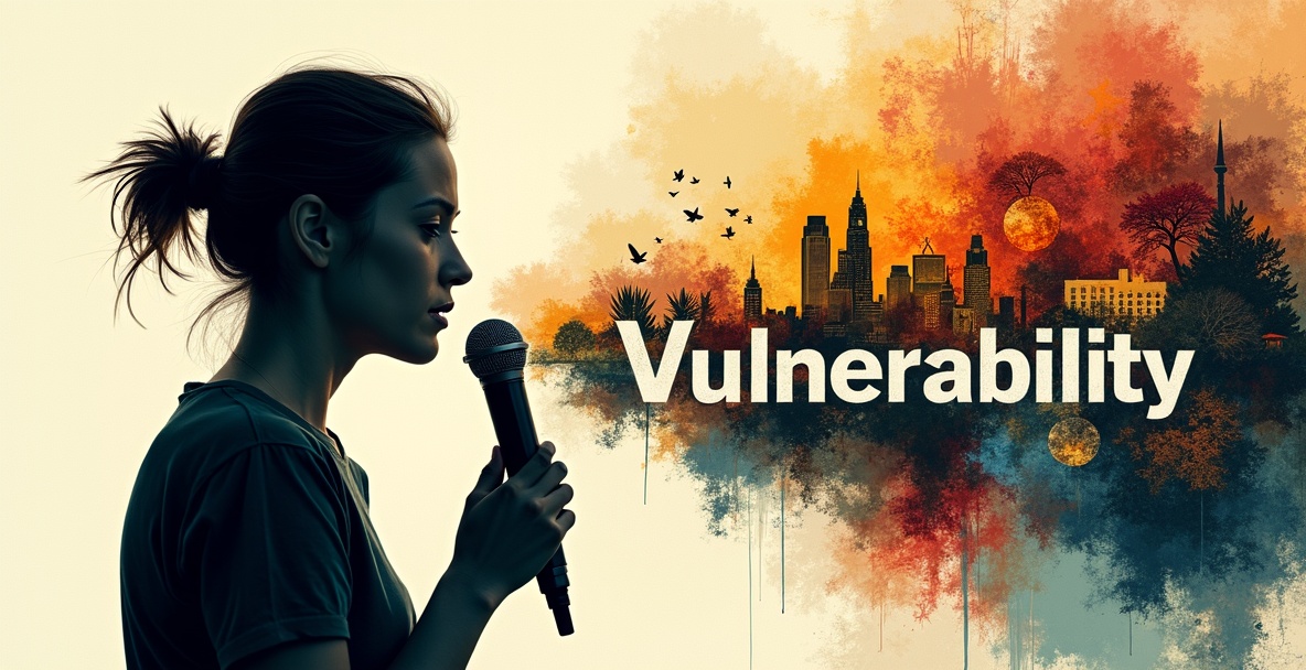 A woman stands in profile, holding a microphone and preparing to speak vulnerably, set against a vibrant, artistic cityscape with trees and birds, and the word “Vulnerability” prominently displayed—an ideal visual for storytelling in HR, Learning & Development, fostering belonging, and narrative therapy; this image captures real emotion, authentic leadership, and the science behind human connection, empathy, and trust in organizational and professional development contexts.
