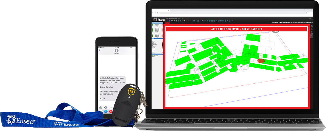 This image shows a laptop with a city map on the screen flanked by a smartphone and a measuring wheel with a blue lanyard, all against a white background.
