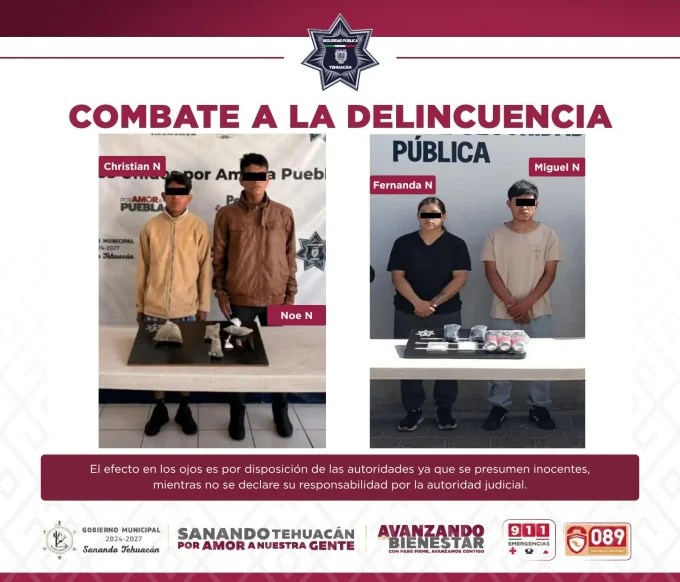 Autoridades de Tehuacán detienen a cuatro presuntos narcomenudistas