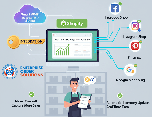 Diagram showing EOS WMS controlling Shopify inventory and automatically syncing stock levels across Facebook Shop, Instagram Shop, Google Shopping, and other integrated sales channels