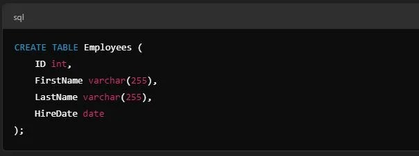 SQL Table Creation Example for Employees Example of an SQL CREATE TABLE statement for an Employees table with columns for ID, First Name, Last Name, and Hire Date.