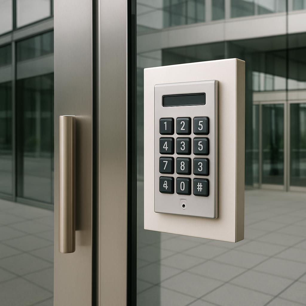 This photograph showcases a card reader, a crucial component of an access control system, installed on a sliding glass doo...