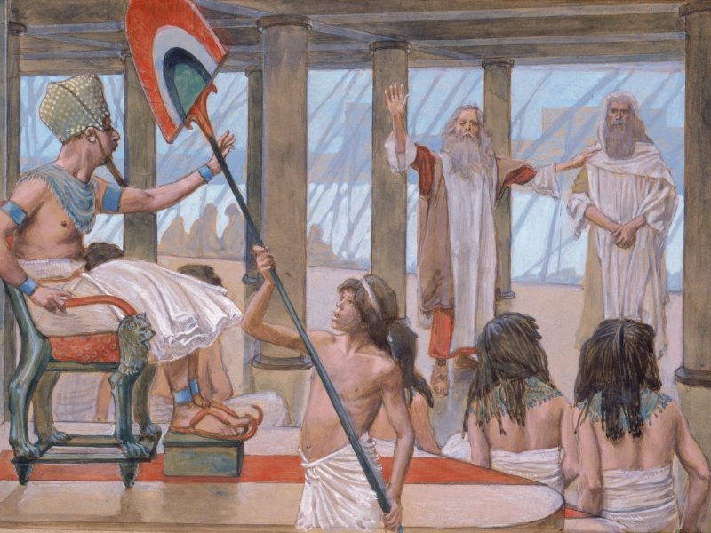 In a 1902 painting, Moses addresses Pharaoh before his court