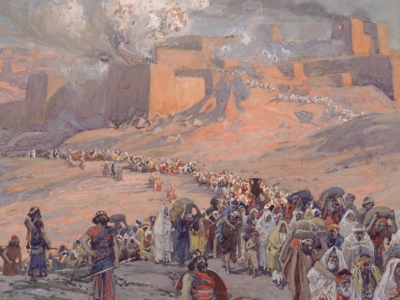 a painting shows a long stream of people marching out from Jerusalem