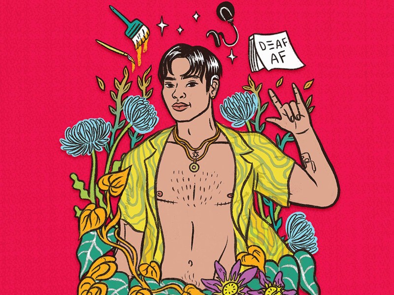 The cover features a bright illustration of the author, a young man with Asian features, with a yellow button shirt on, unbuttoned all the way down. he is surrounded by flowers and wearing a star of david necklace. a sign floating near him reads "Deaf AF"
