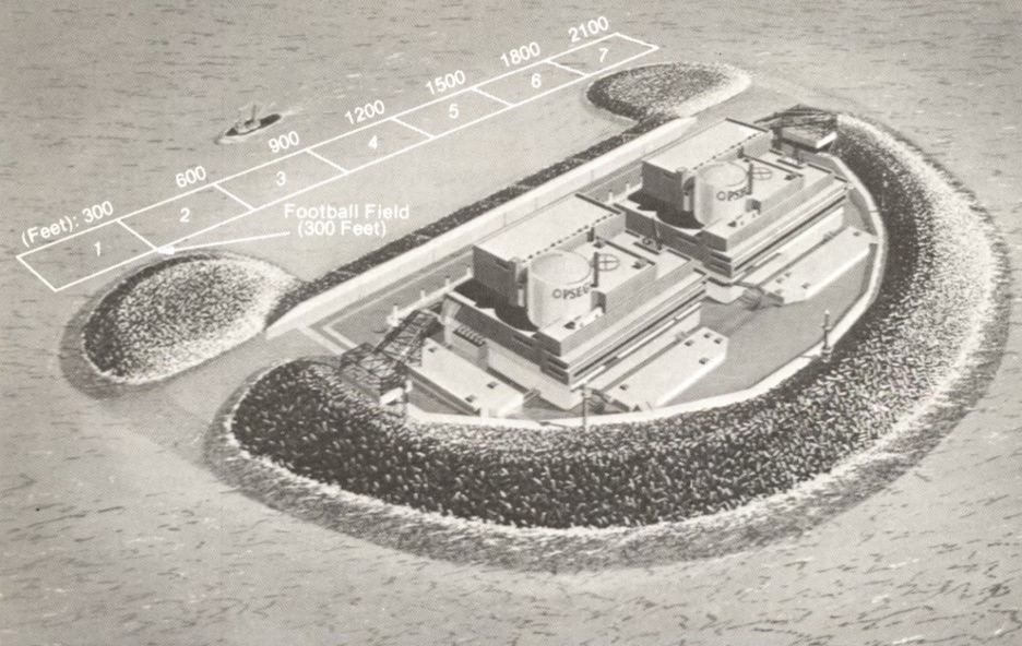 Two nuclear plants sit on a barge surrounded by a breakwater in the middle of the ocean, with a scale comparison above showing that the barge is seven football fields long.