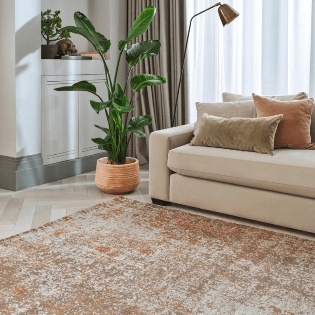 A cosy living room featuring a stylish couch and a soft rug, perfect for relaxing and unwinding.