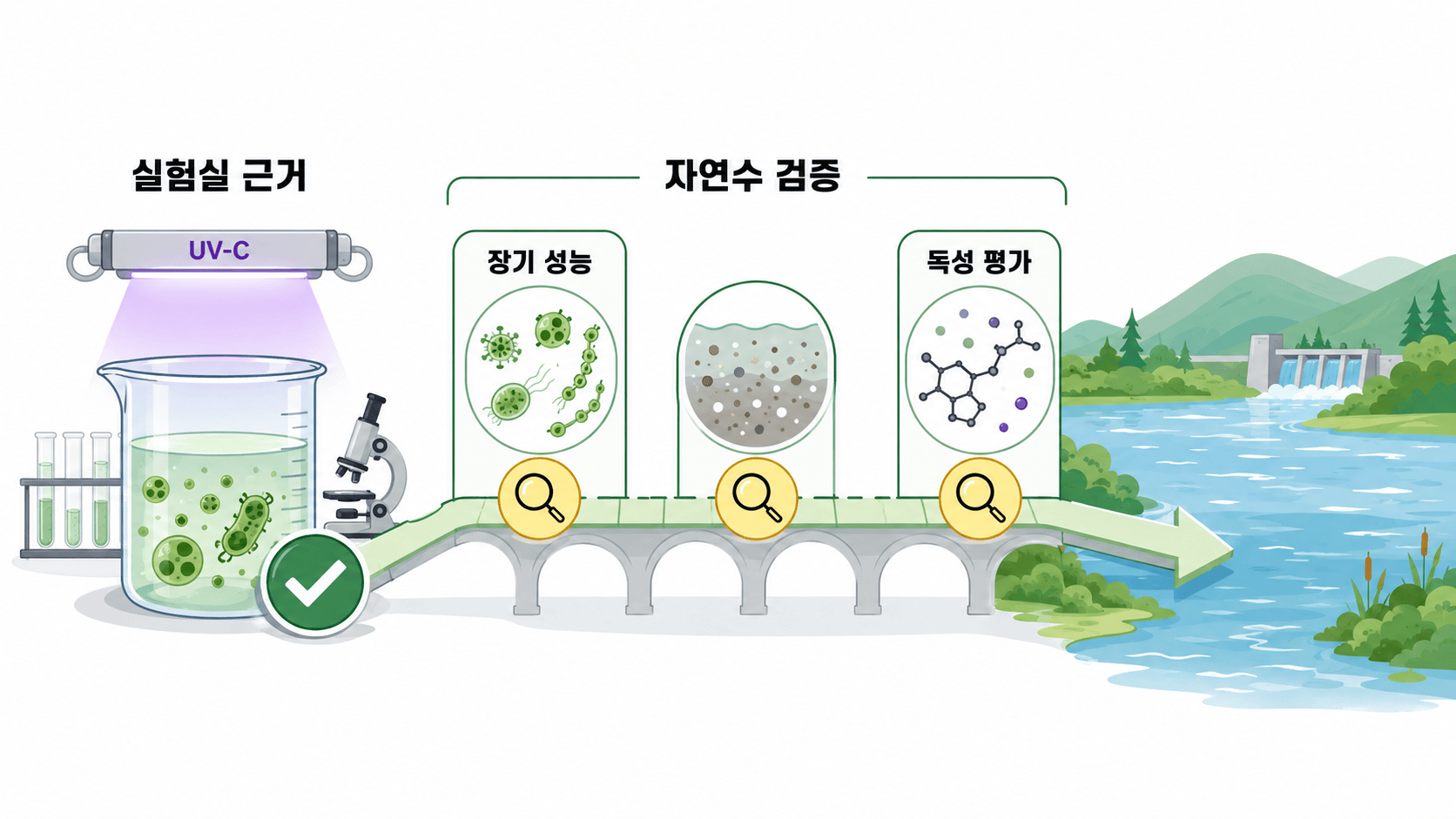 실험실 근거를 자연수 장기 성능과 독성 평가로 확장하는 검증 과제 삽화