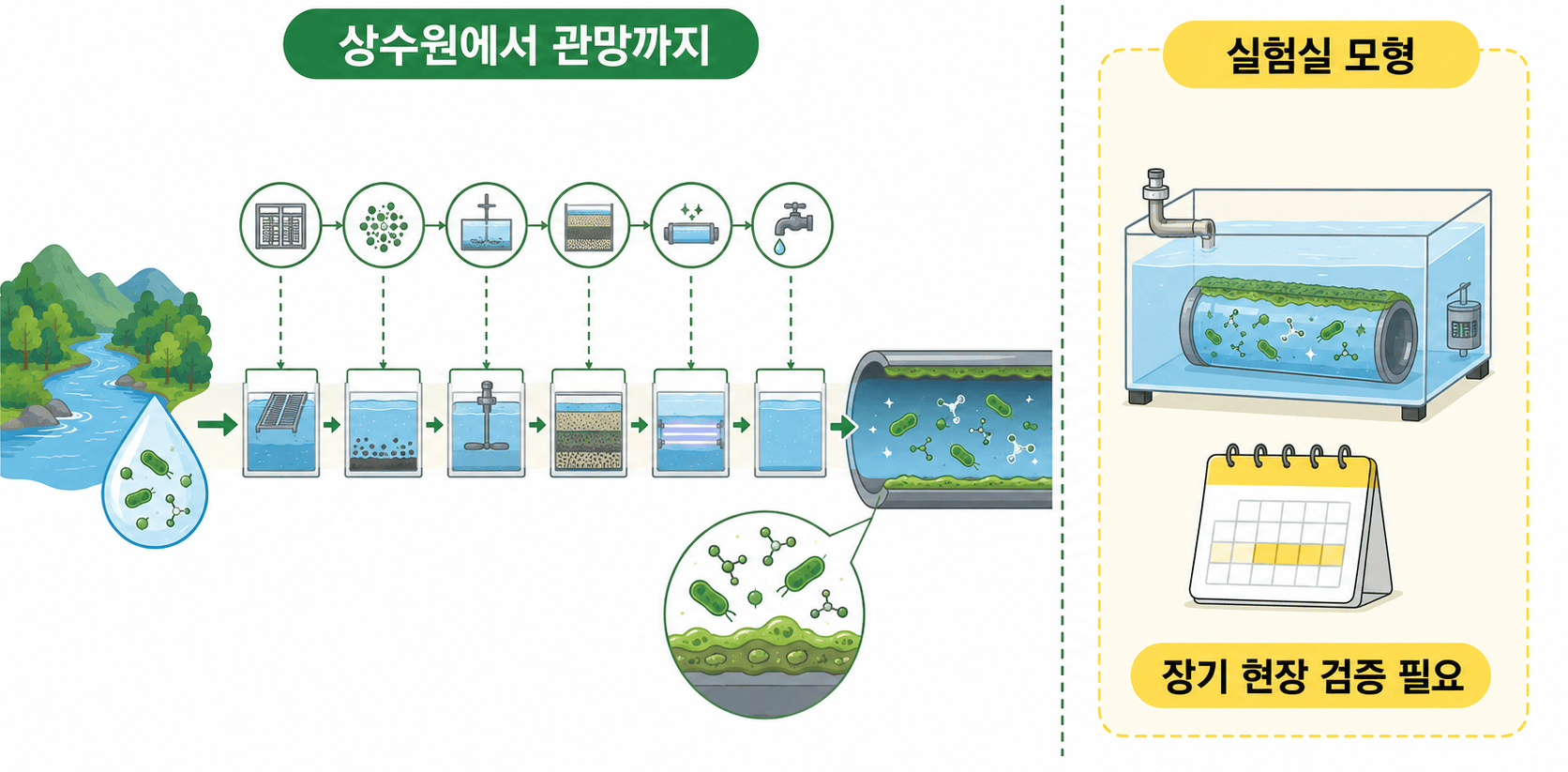 상수원에서 관망까지 이어진 연구 범위와 실험실 모형 및 장기 현장 검증의 한계