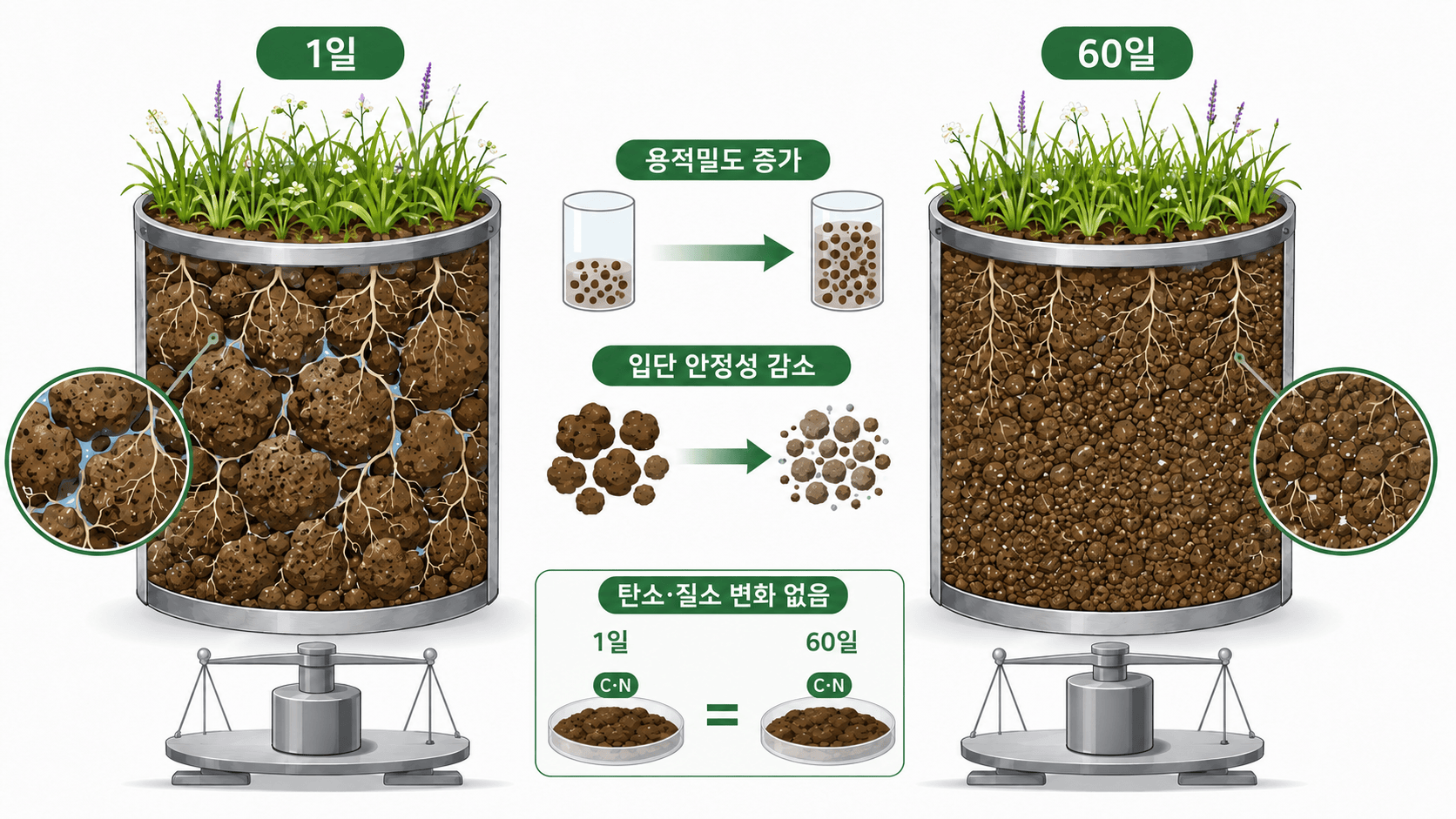1일과 60일 강수 처리에서 토양 용적밀도 증가와 입단 안정성 감소를 비교한 토양 단면