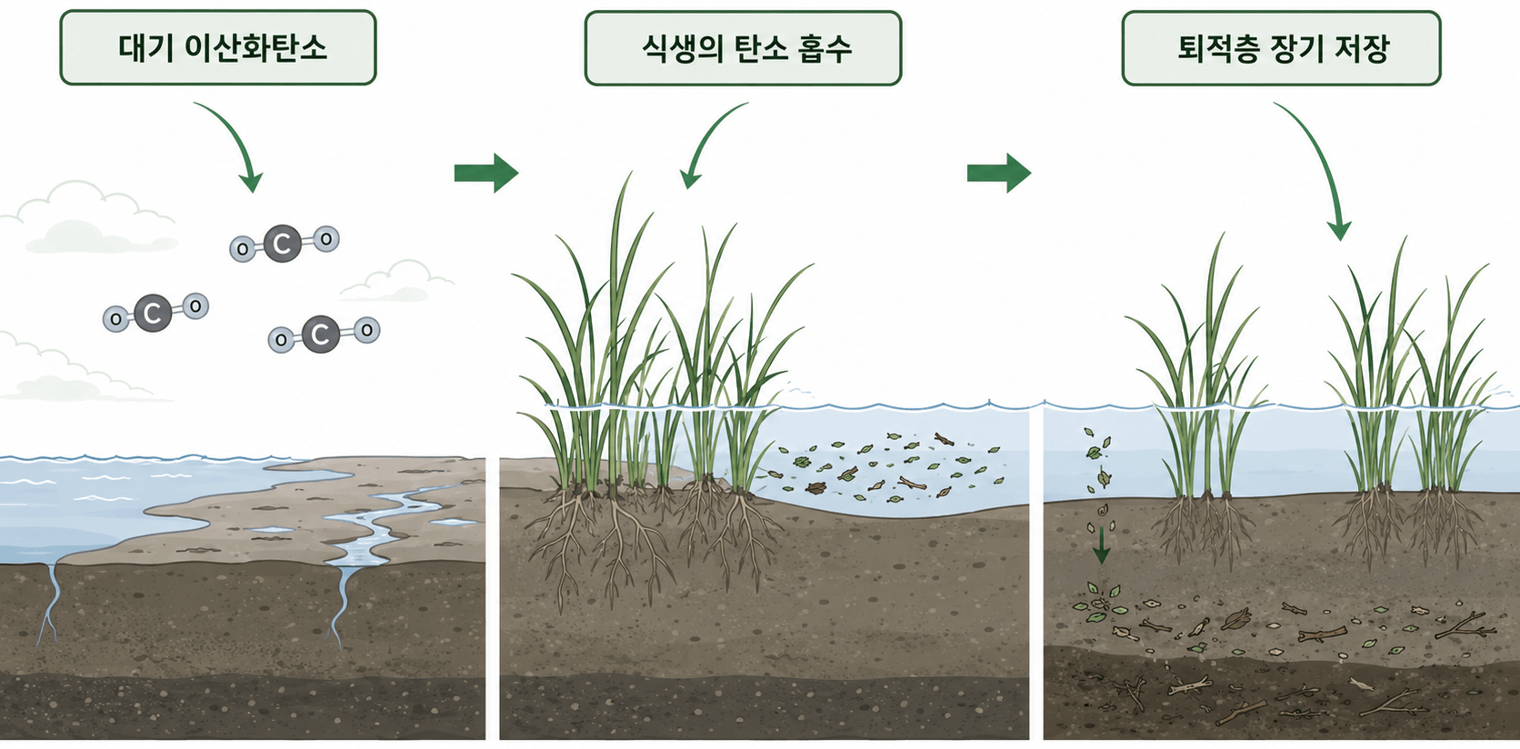 갯벌 퇴적층에 블루카본이 쌓이는 원리 삽화