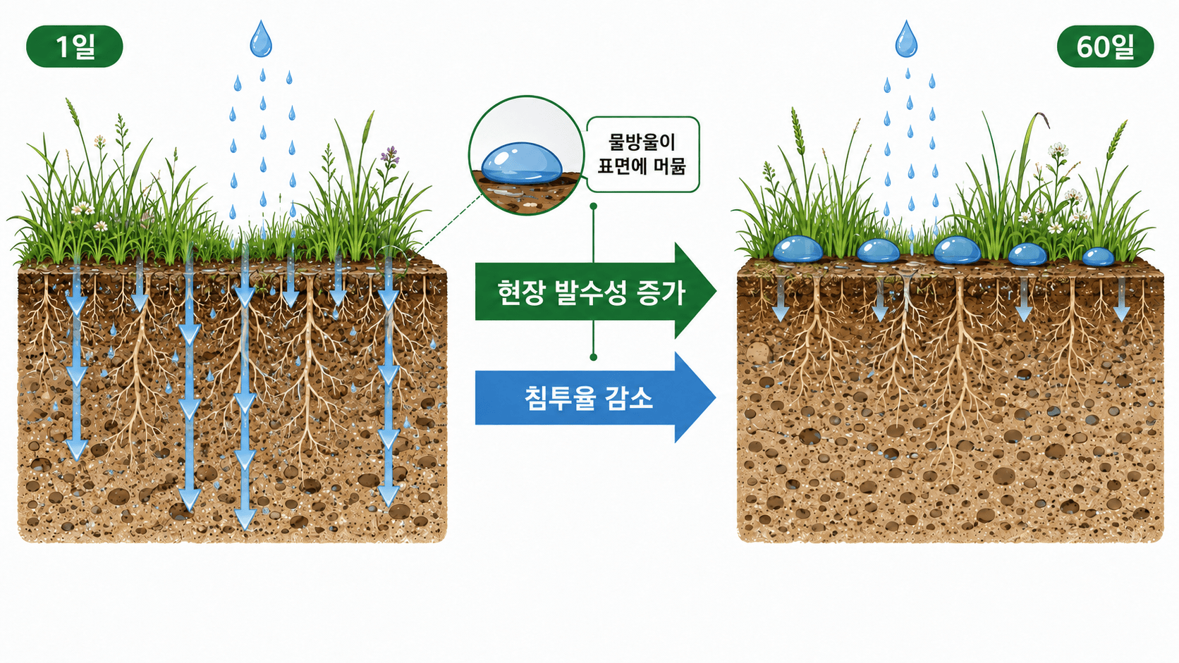 1일 처리보다 60일 처리에서 토양 표면의 현장 발수성이 높고 물의 침투 흐름이 줄어든 비교