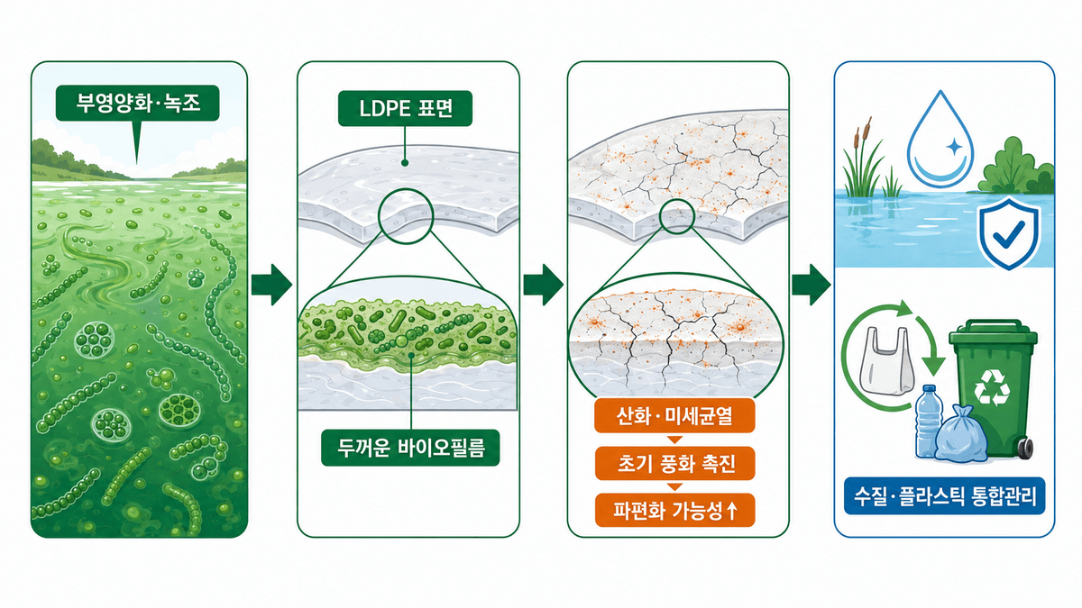 부영양화와 녹조가 LDPE 표면의 바이오필름과 초기 풍화에 미치는 영향을 요약한 인포그래픽