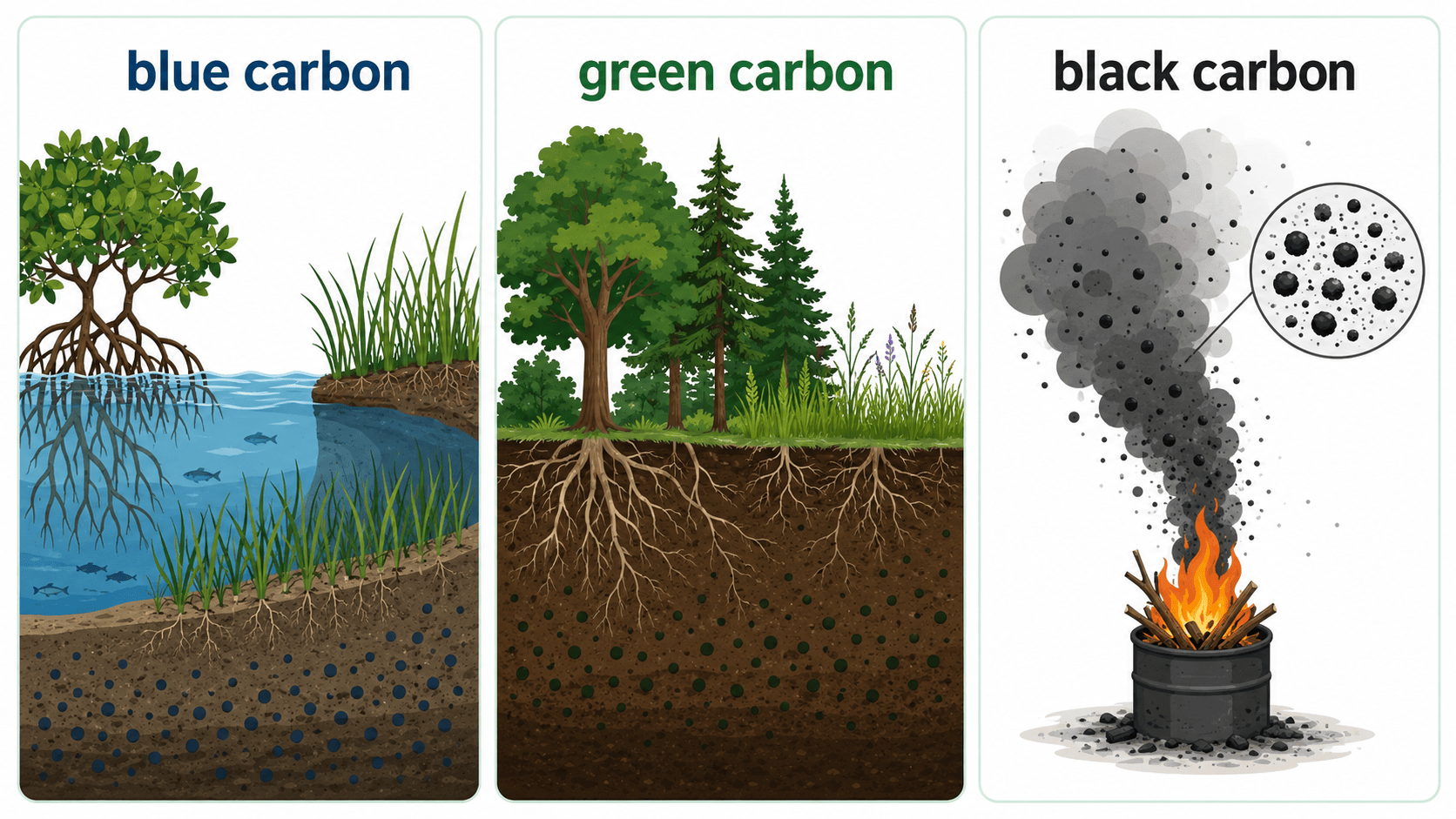 blue carbon, green carbon, black carbon 비교 인포그래픽