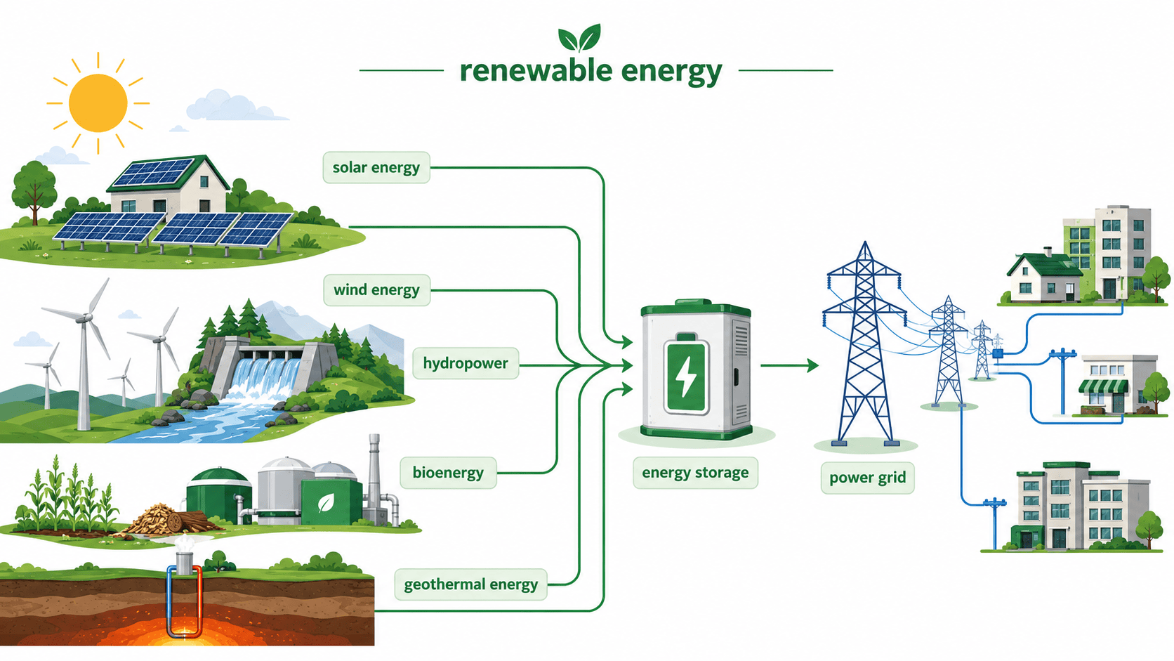 renewable energy 생산·저장·전달 장면 인포그래픽