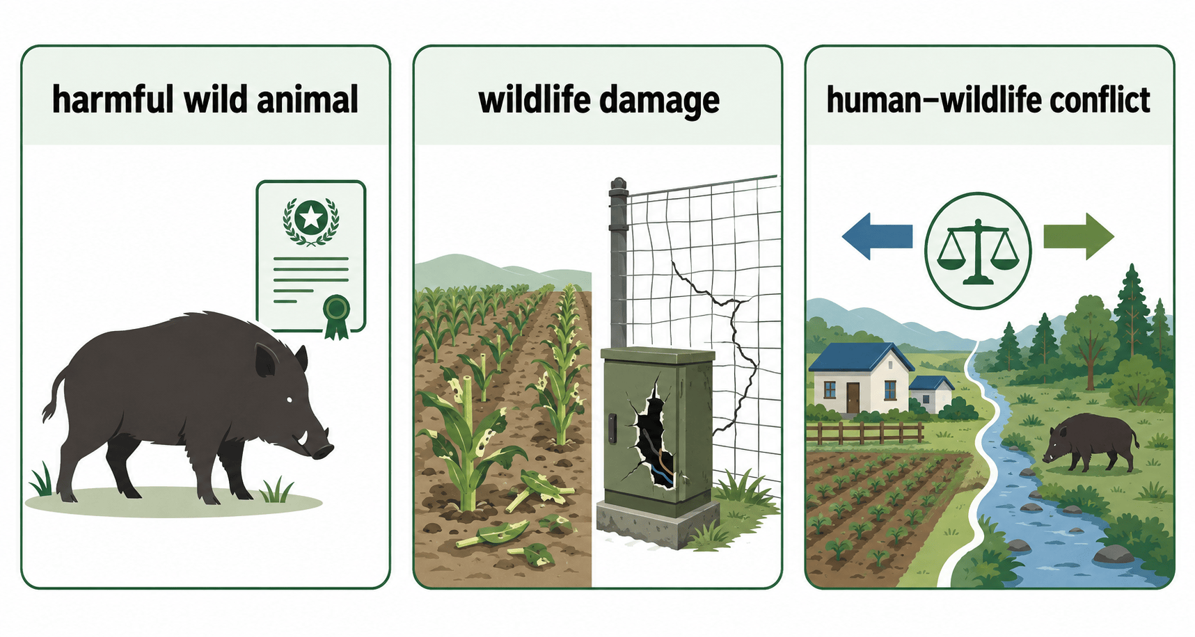 harmful wild animal과 wildlife damage와 human-wildlife conflict 비교 인포그래픽