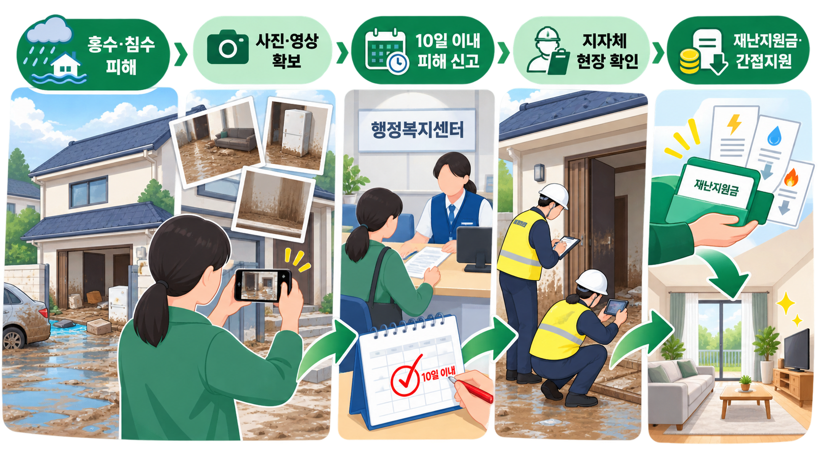 홍수와 주택 침수 피해 발생 후 사진·영상 확보, 10일 이내 피해 신고, 지자체 확인, 재난지원금과 간접지원으로 이어지는 생활 변화