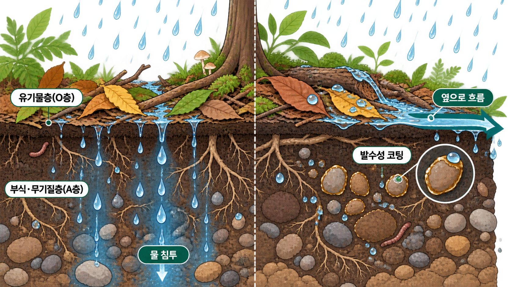 산림의 유기물층과 부식·무기질층에서 물 침투와 발수성 코팅이 물길을 바꾸는 원리