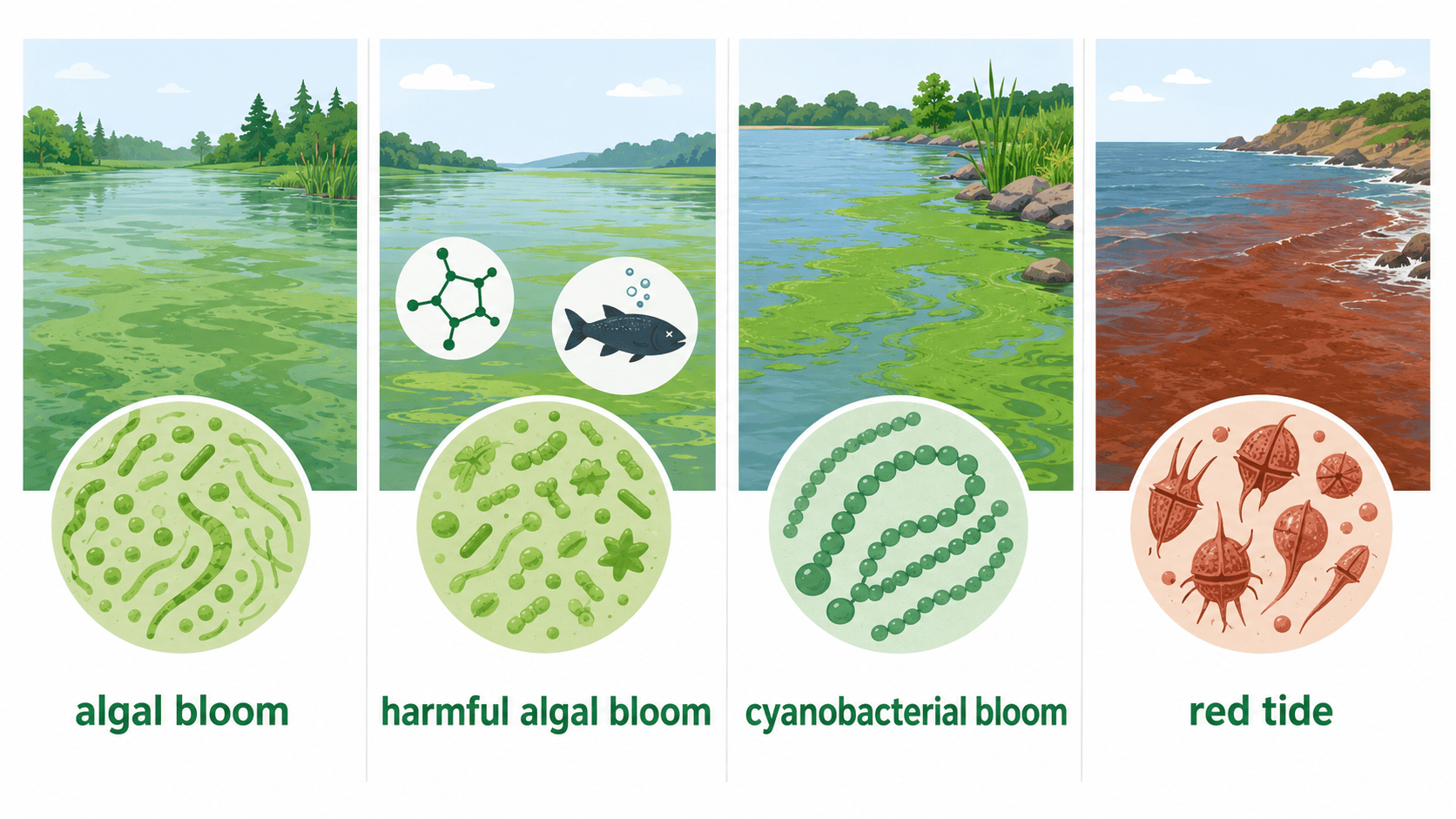 algal bloom 관련 개념 비교 인포그래픽