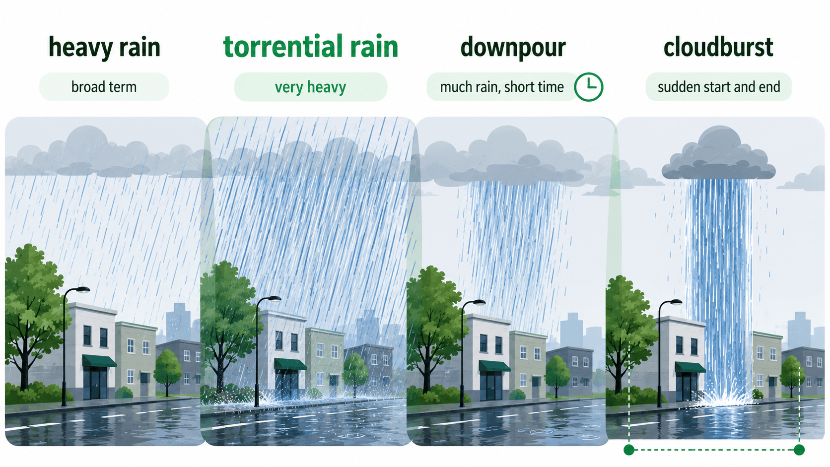 heavy rain, torrential rain, downpour, cloudburst의 의미 차이를 비교한 인포그래픽
