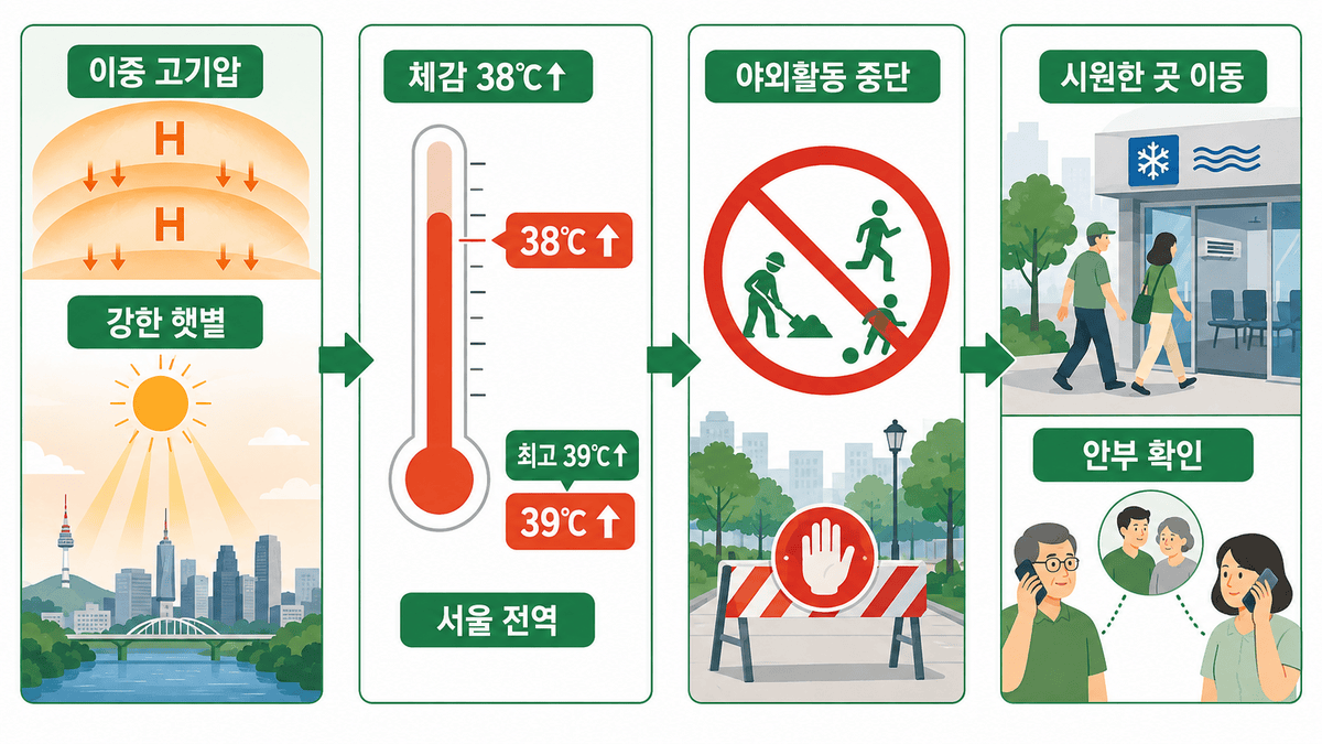 서울 전역 첫 폭염중대경보의 원인과 기준, 행동수칙을 요약한 인포그래픽