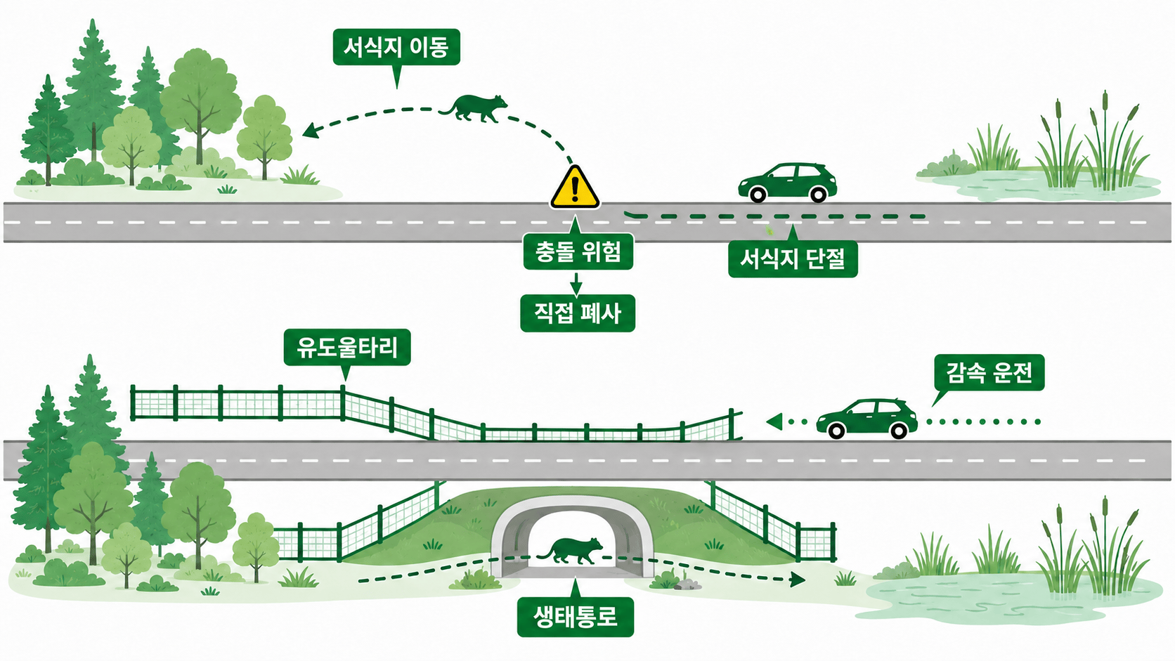 로드킬 발생 구조와 예방 방법 개념도