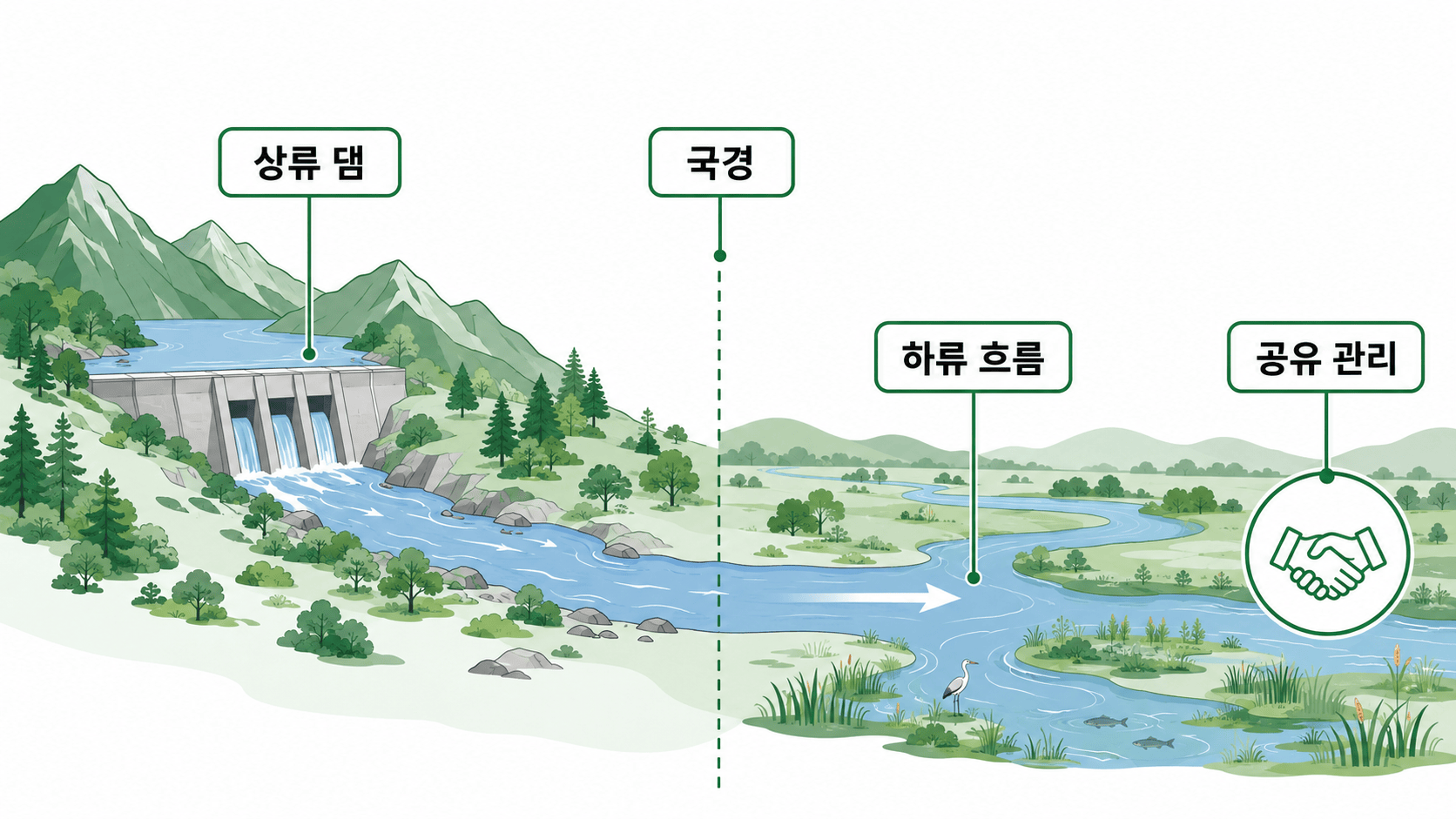 상류의 결정이 하류까지 이어지는 공유하천의 구조 삽화