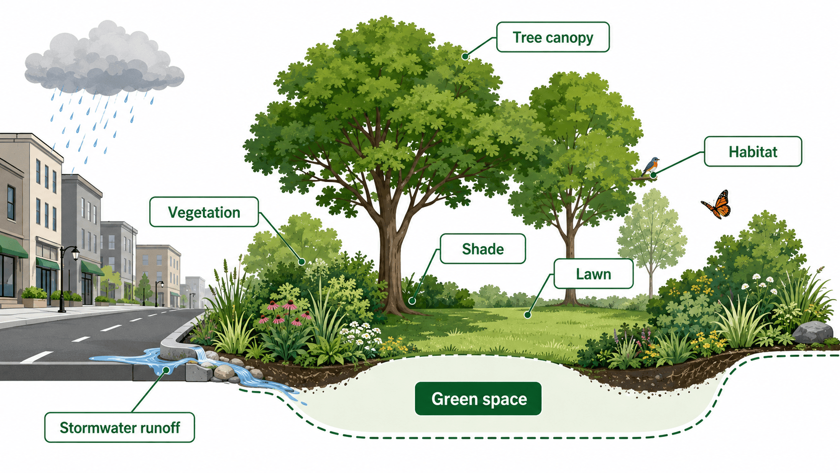 green space와 도시 녹지 구성 요소를 보여주는 장면 인포그래픽