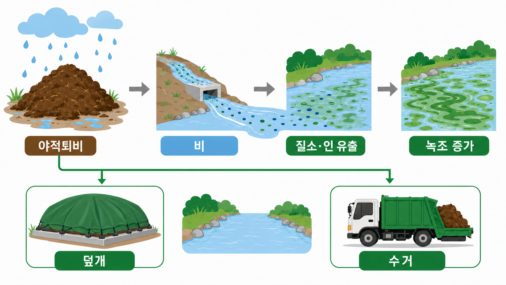 야적퇴비의 질소와 인 유출 및 덮개·수거를 통한 녹조 예방 구조도