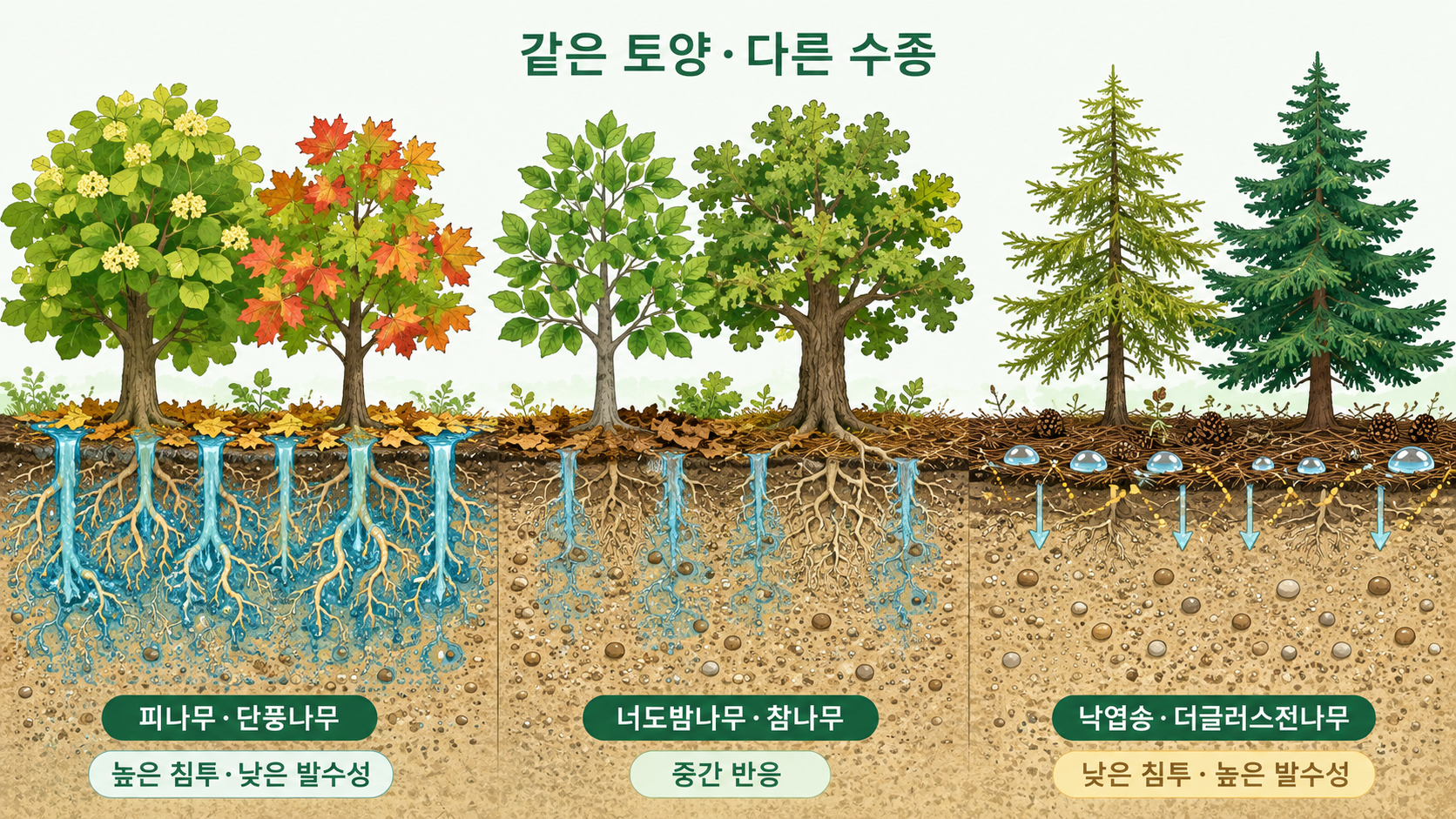 같은 토양에서 피나무·단풍나무류, 너도밤나무·참나무, 낙엽송·더글러스전나무의 물 침투와 발수성 차이