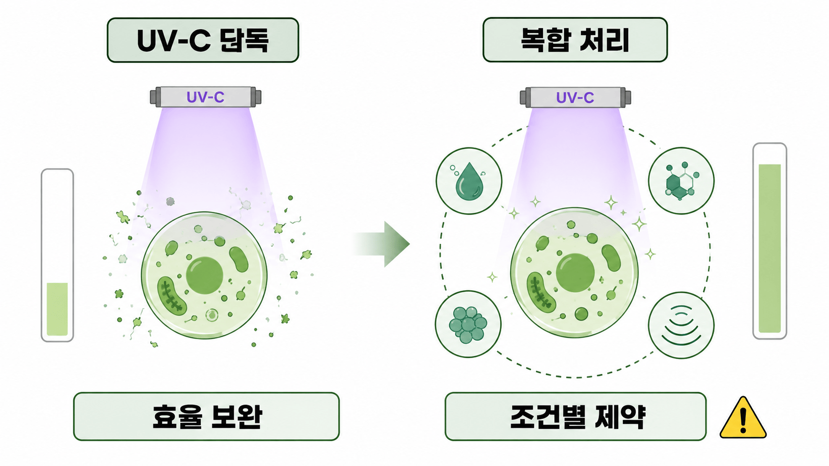 UV-C 단독 처리와 복합 처리의 효과 및 조건별 제약 삽화