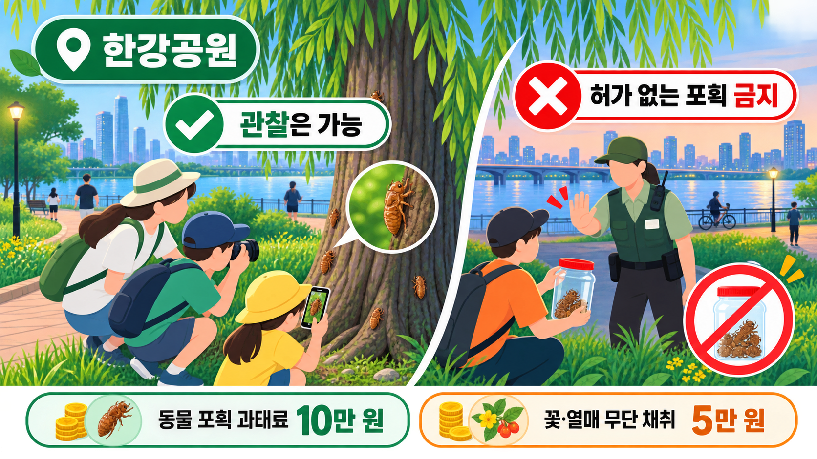 한강공원에서 허가 없는 동물 포획이라는 금지행위를 현장에서 단속하고 위반 사실을 확인한 뒤 과태료 10만 원을 부과하는 제도 작동 구조