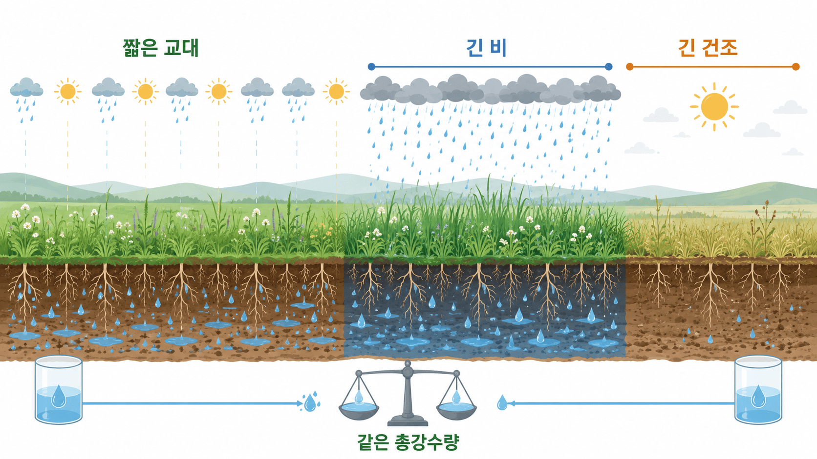 같은 총강수량이 짧게 교대하거나 긴 비와 긴 건조로 이어지는 강수 지속성 비교