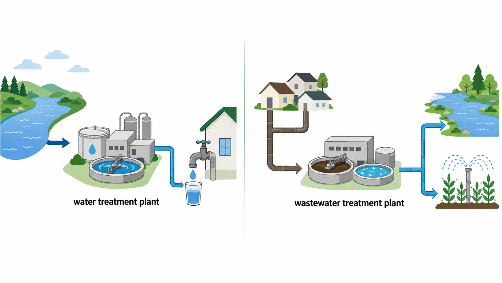 water treatment plant와 wastewater treatment plant 비교 인포그래픽