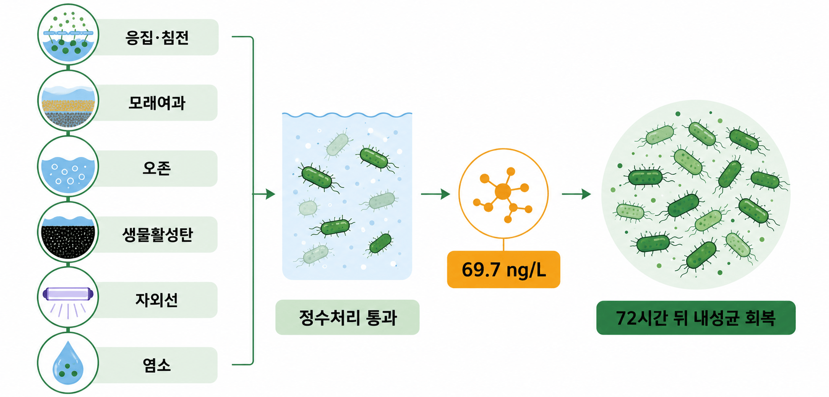 LJ1018의 정수처리 통과, 처리수 항생제 재생산과 72시간 뒤 내성균 회복