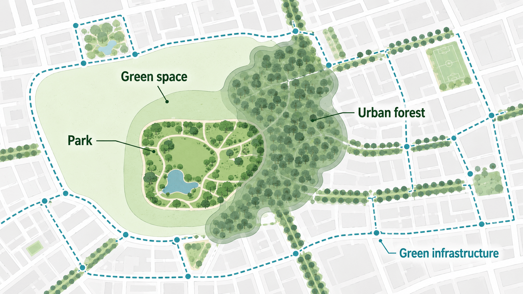 green space, park, urban forest, green infrastructure의 포함과 중첩 관계를 보여주는 비교 인포그래픽