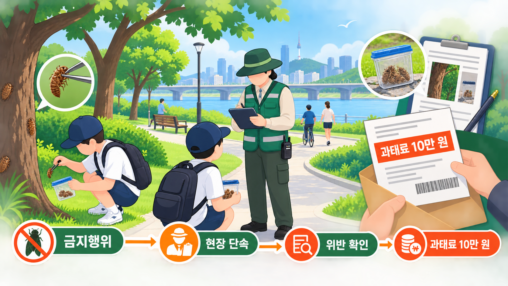 한강공원에서 매미 유충을 관찰하는 것은 가능하지만 허가 없이 포획하면 과태료 10만 원이 부과되고 꽃과 열매의 무단 채취에는 5만 원이 부과되는 생활 변화
