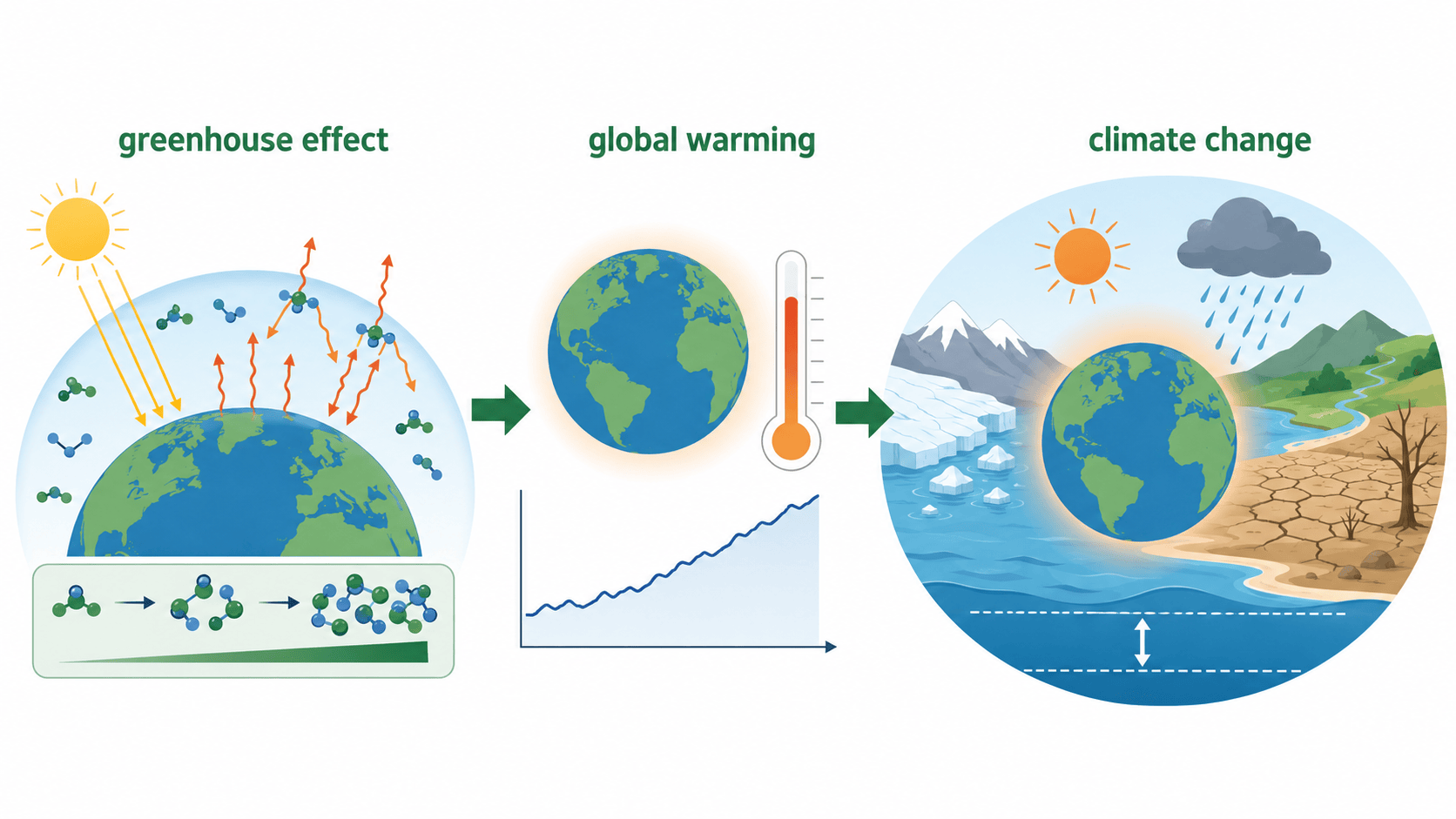 greenhouse effect, global warming, climate change 관계 비교 인포그래픽