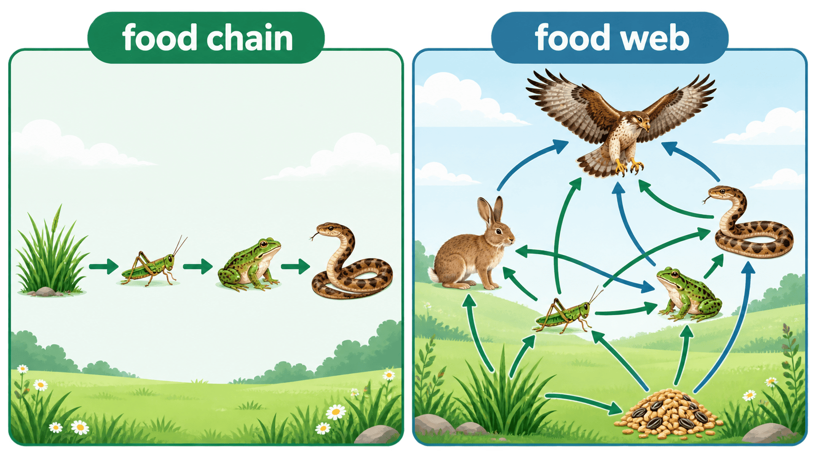 food chain의 한 방향 경로와 food web의 여러 연결 경로를 비교한 인포그래픽