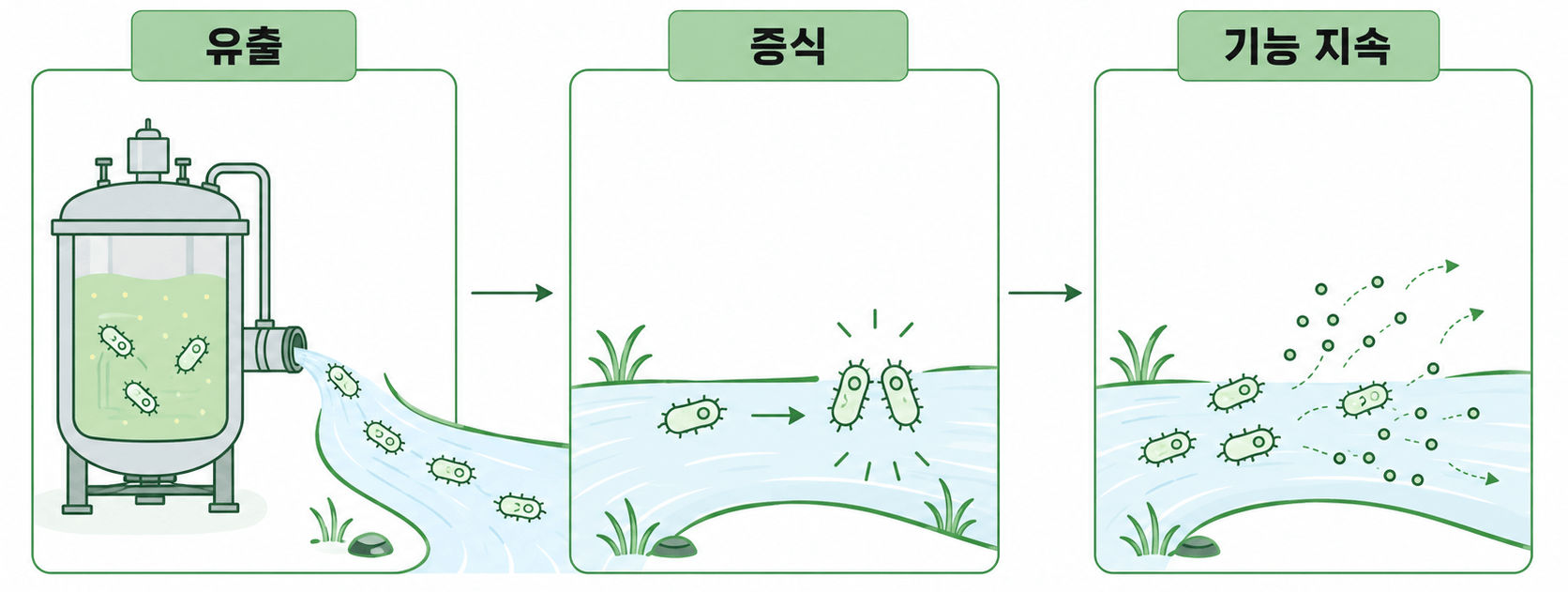 살아 있는 합성 미생물이 유출된 뒤 증식하고 물질 생산 기능을 지속하는 원리