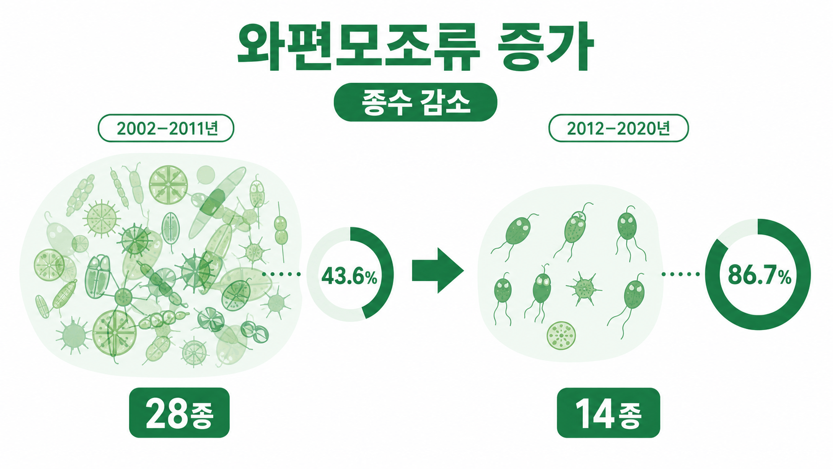와편모조류 우점 비율 증가와 유해조류 발생 종수 감소 삽화
