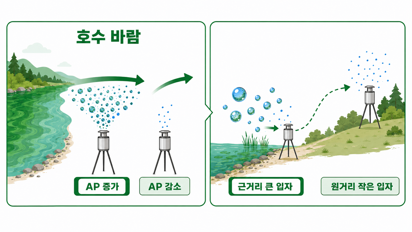 호수 방향 바람과 채취 거리에 따라 달라진 대기 중 AP와 입자 크기 삽화