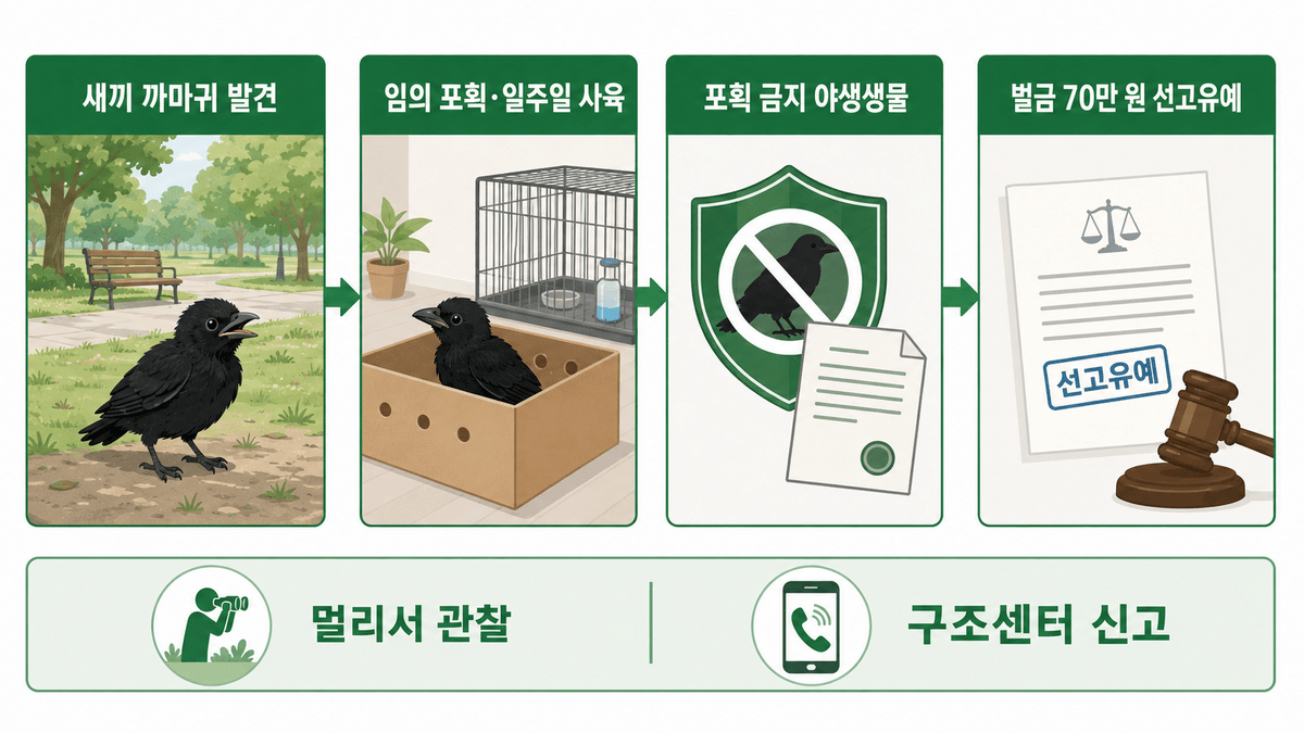 새끼 까마귀 임의 포획과 야생동물 발견 시 대응을 요약한 인포그래픽